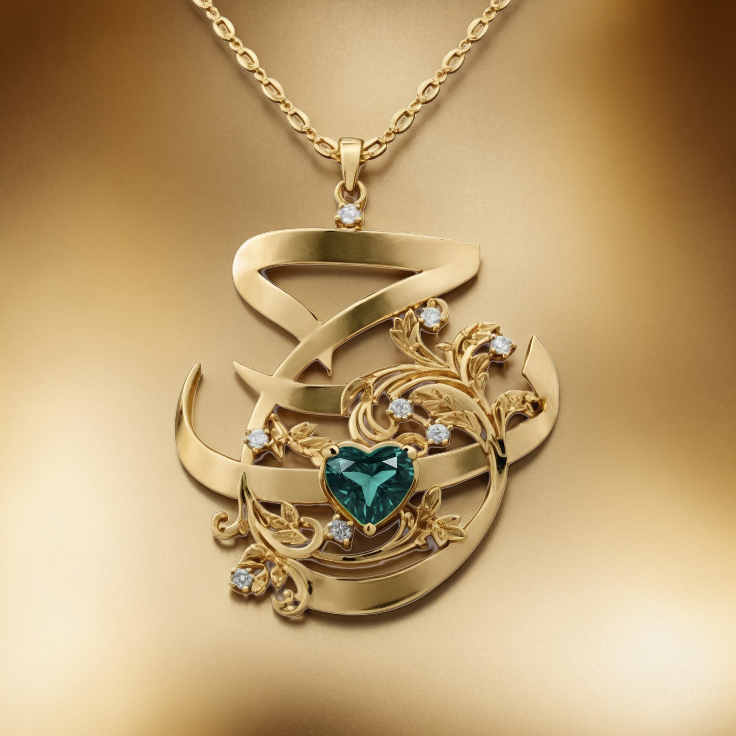 LOVE – Arabic Calligraphy Pendant (18K Gold with Diamonds & Green