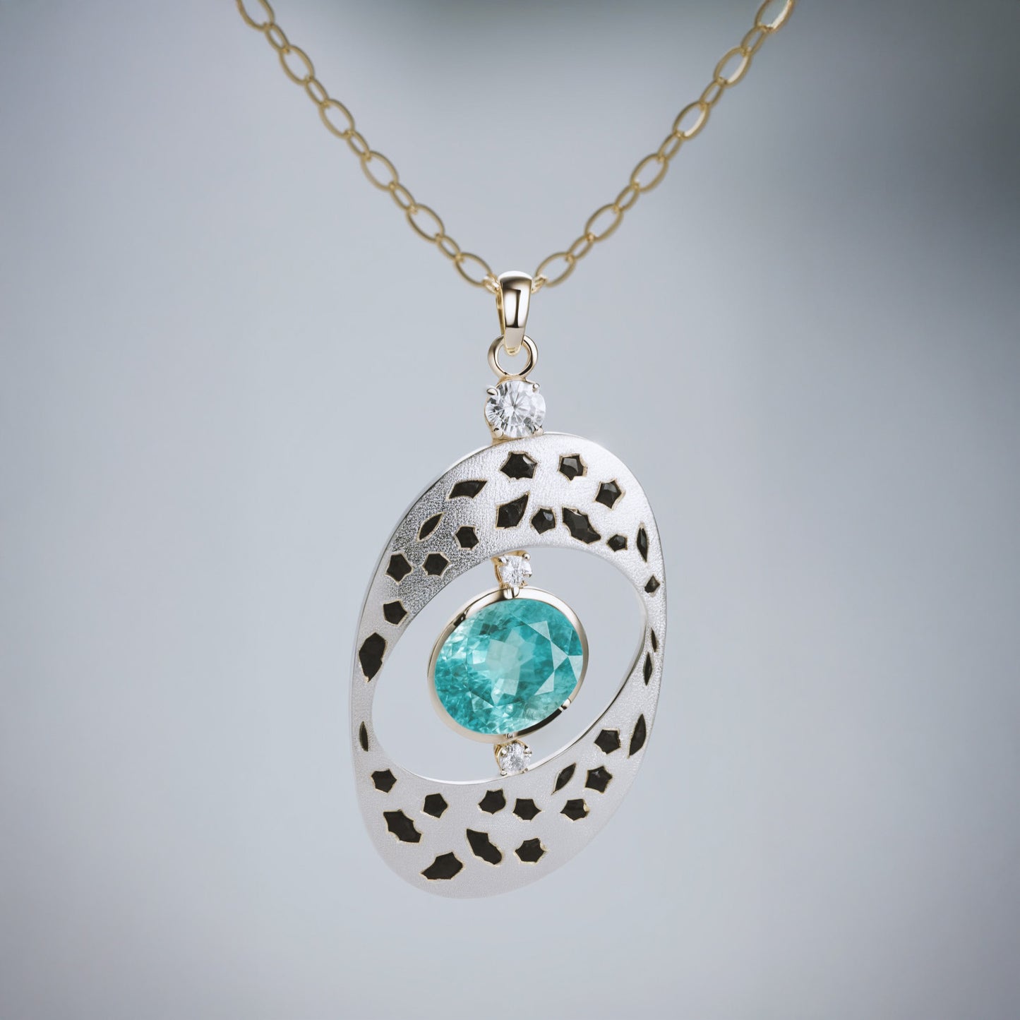 Noon Harmony Necklace – White Gold, Teal Sapphire & Onyx